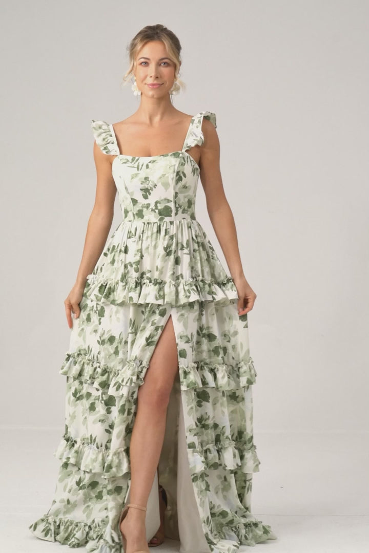 Green Flower A-Line Printed Tiered Long Bridesmaid Dress With Slit