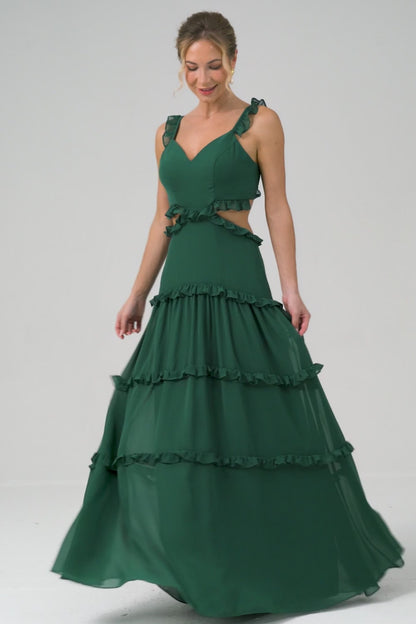 Dark Green A Line Hollow Out Chiffon Ruffle Long Bridesmaid Dress