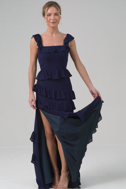Dark Navy A-Line Square Neck Tiered Long Bridesmaid Dress