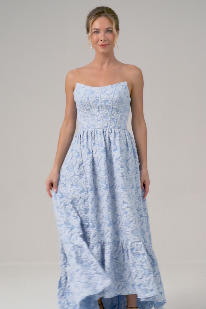 Blue A-Line Strapless Brocade High Low Floral Bridesmaid Dress