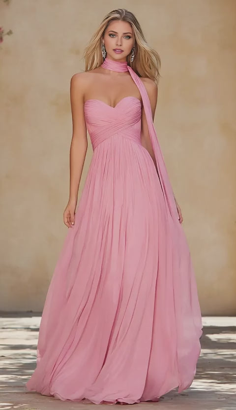 Elegant Pink A-Line Sweetheart Neck Strapless Back Zip Ruched Floor-Length Chiffon Prom Dress with Scarf