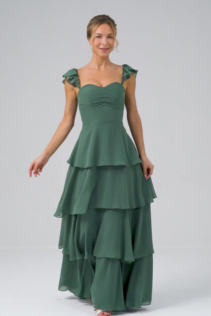 Eucalyptus A Line Off The Shoulder Tiered Long Bridesmaid Dress
