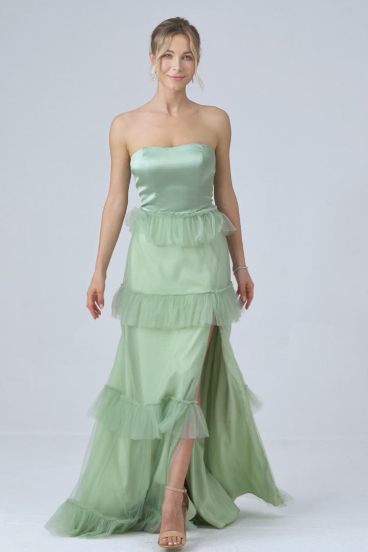 Matcha A-Line Tiered Strapless Tiered Long Bridesmaid Dress With Slit