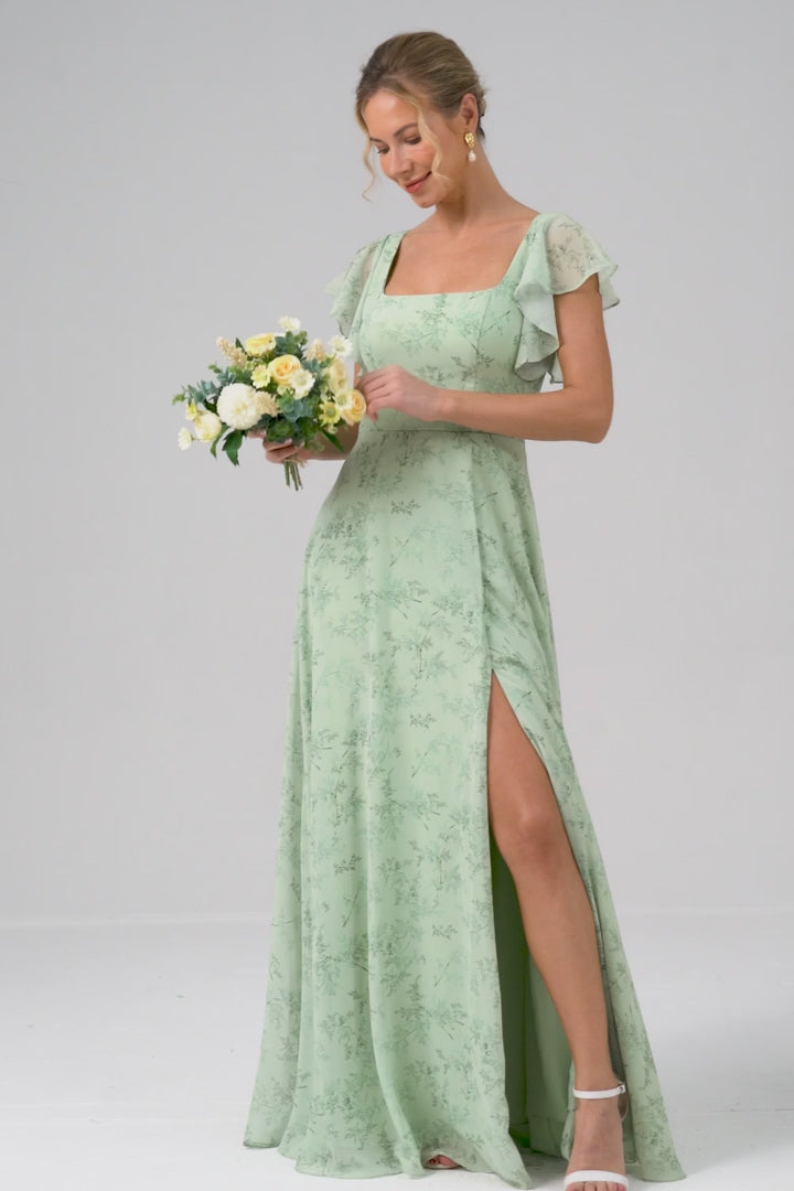 Dusty Sage A Line Square Neck Print Floor Length Bridesmaid Dress with Slit
