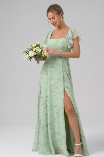 Dusty Sage A Line Square Neck Print Floor Length Bridesmaid Dress with Slit