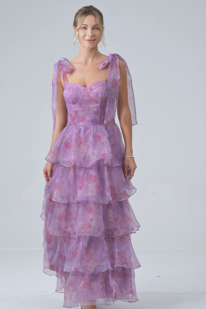 Purple A-Line Spaghetti Straps Tiered Floral Long Wedding Party Dress