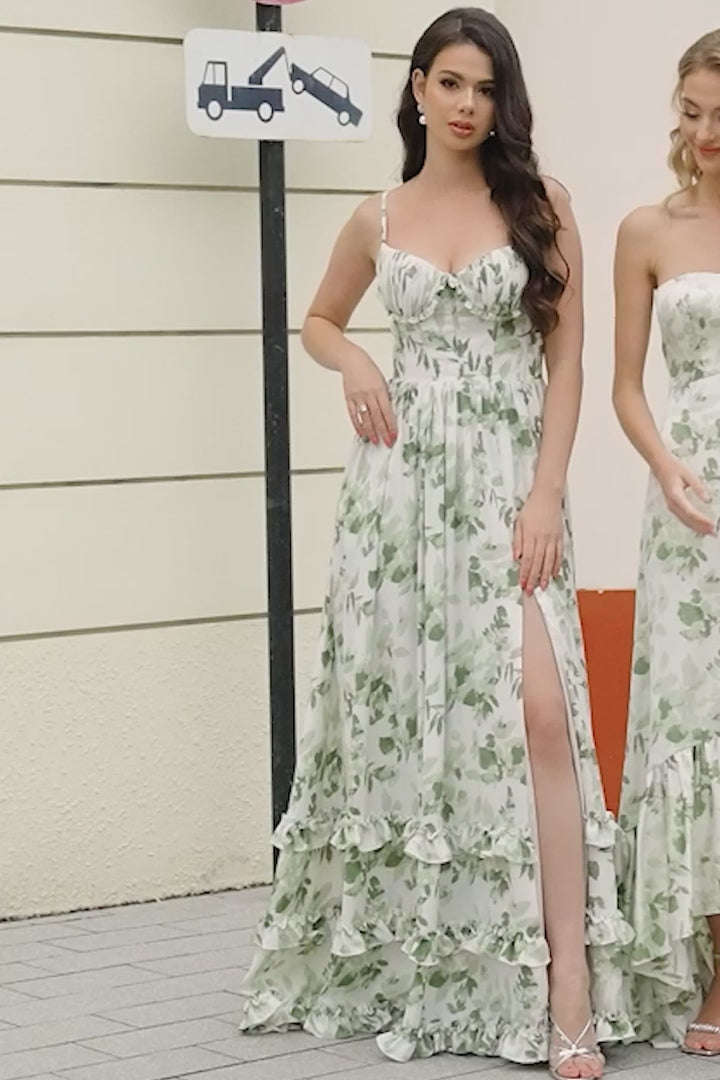 Green A-Line Spaghetti Straps Printed Floor Length Dress With Slit