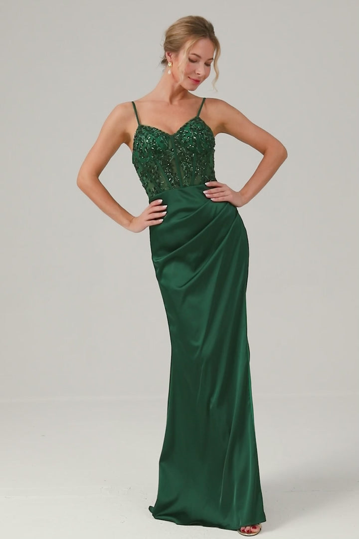 Mermaid Spaghetti Straps Satin Long Dark Green Bridesmaid Dress with Slit