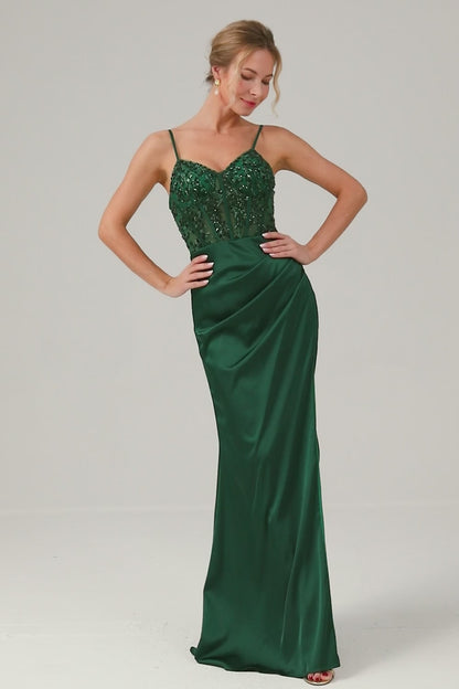 Mermaid Spaghetti Straps Satin Long Dark Green Bridesmaid Dress with Slit