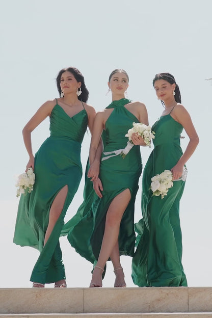 Mermaid Halter Floor Length Satin Dark Green Long Bridesmaid Dress