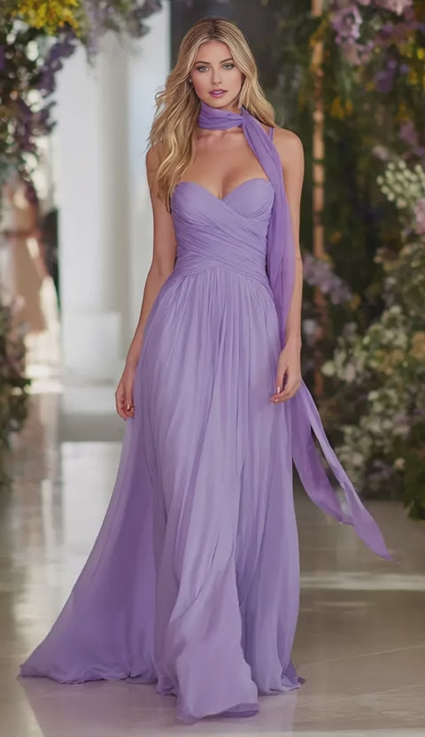 Classic Lilac A-Line Sweetheart Strapless Back Zip Ruched-Bodice Floor-Length Chiffon Prom Dress with Neck Scarf