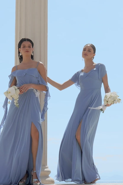 Grey Blue A-Line Chiffon Lace Up Back Bridesmaid Dress with Slit