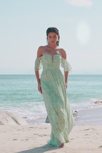 Dusty Sage A-Line Off The Shoulder Pleated Long Floral Bridesmaid Dress with Slit