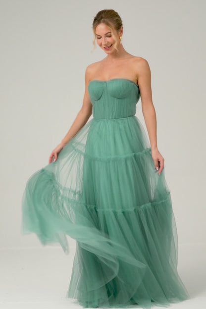 A Line Strapless Corset Tulle Long Eucalyptus Bridesmaid Dress