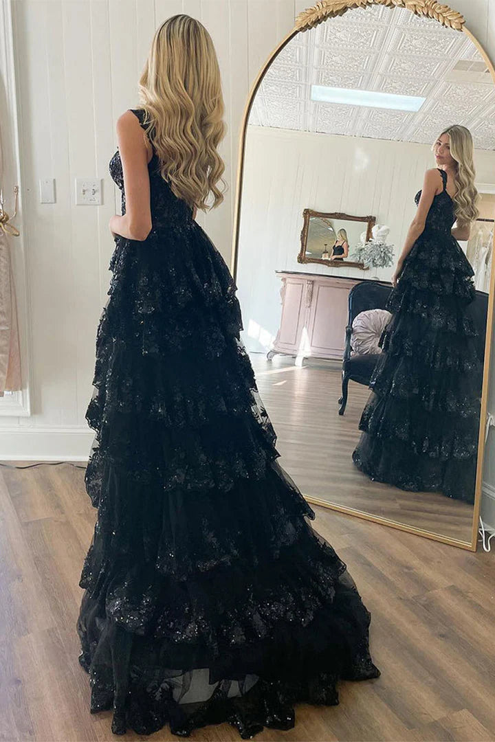 Lace sequin ruffle side slit ball skirt