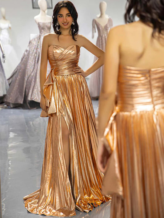 Strapless waist cinching irregular pleated side slit long skirt