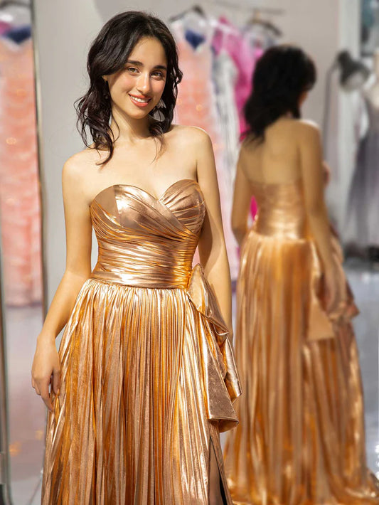 Strapless waist cinching irregular pleated side slit long skirt