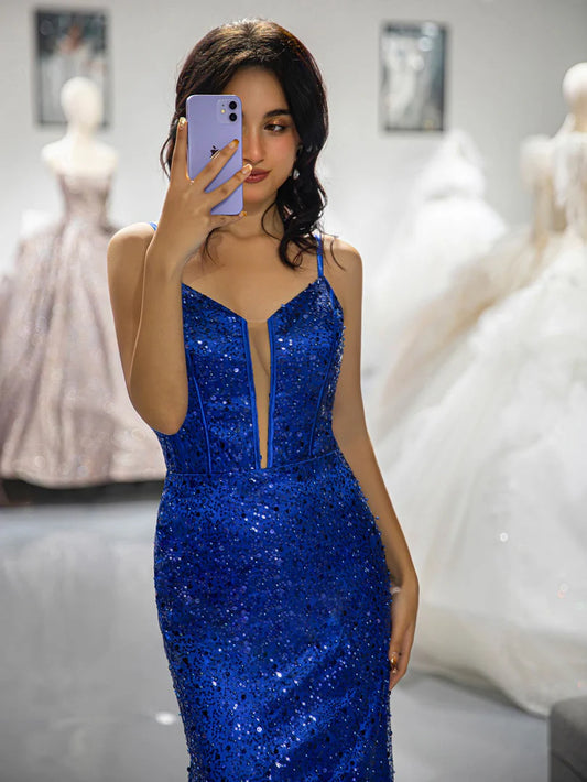 Deep V-strap waist cinching Royal Blue sequin beaded ball gown