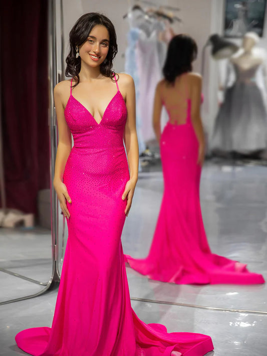 Fitted Pink Beaded Prom Dress