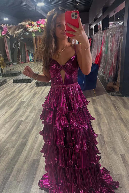 Deep purple pleated ball dress with pleated edges long skirt