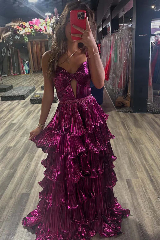 Deep purple pleated ball dress with pleated edges long skirt