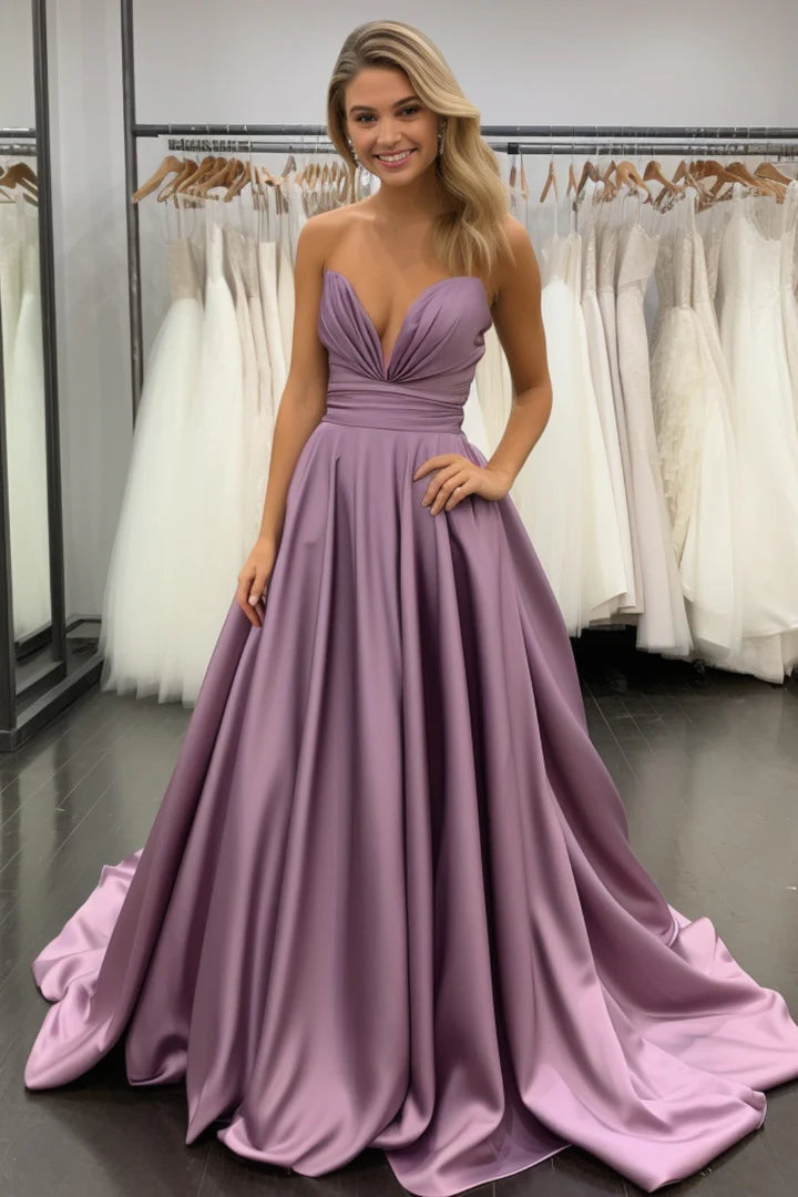 Purple Strapless Satin Prom Dress