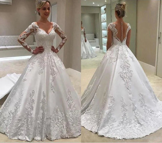 Elegant long sleeved dance dress with lace decal for women's wedding dress
