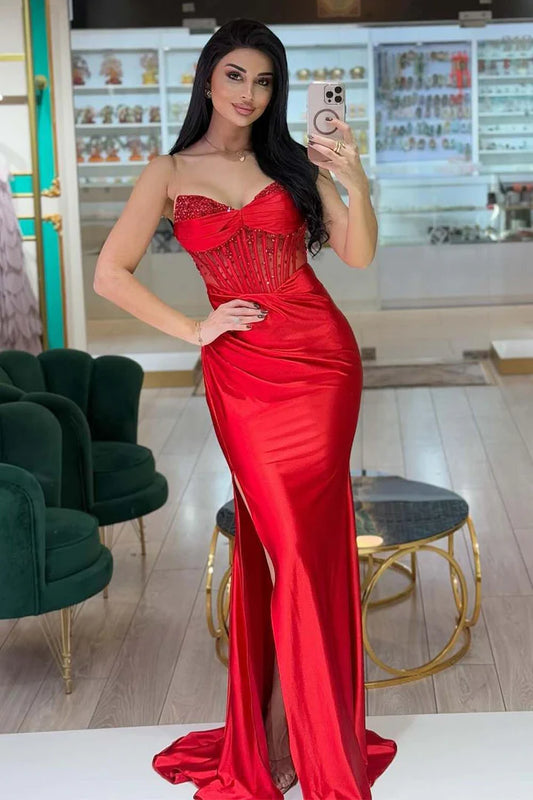 Strapless Side Slit Sheer Corset Bodice Prom Dress with Beads
