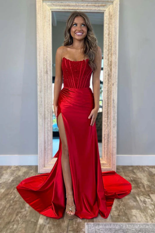 Strapless Corset Bodice Prom Dress with High Slit