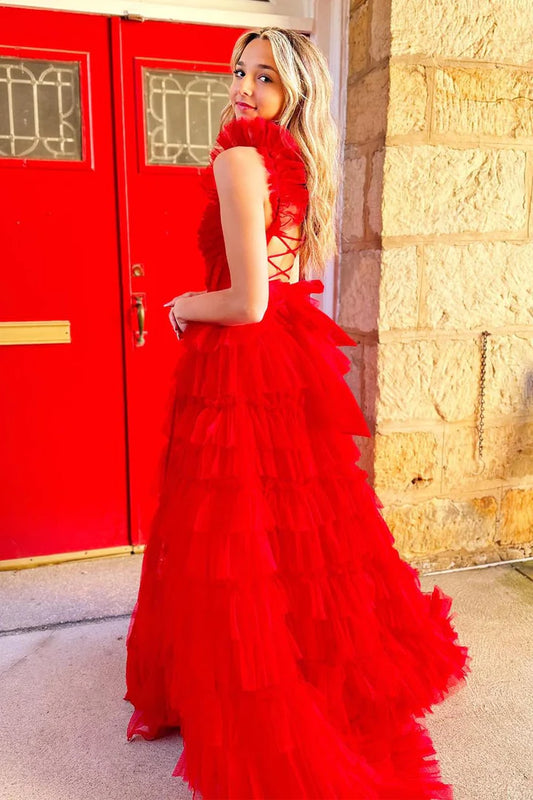 Red square neck ball gown with high slit edges