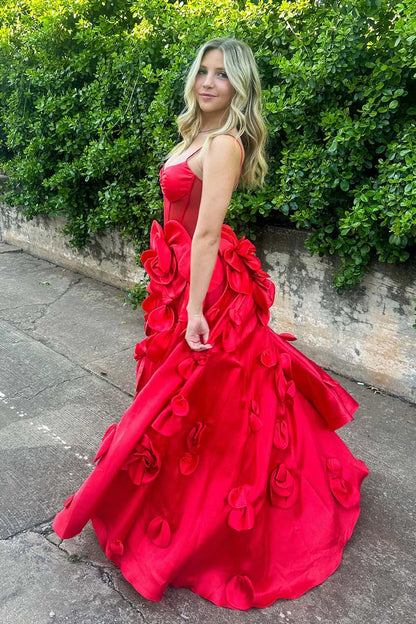 A-shaped cute red three-dimensional flower dance dress