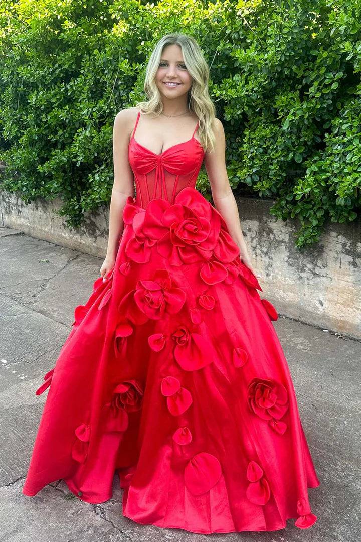 A-shaped cute red three-dimensional flower dance dress