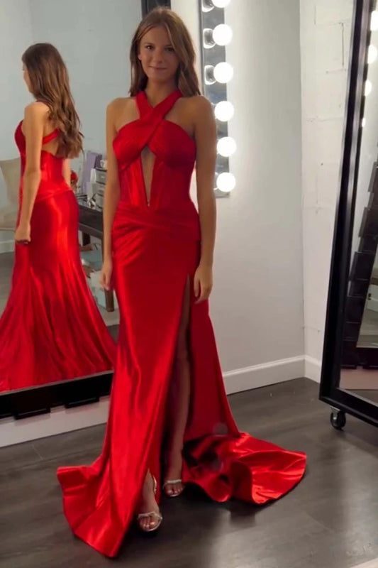 Cross hanging neck backless side slit ball dress