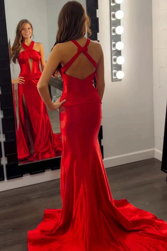 Cross hanging neck backless side slit ball dress