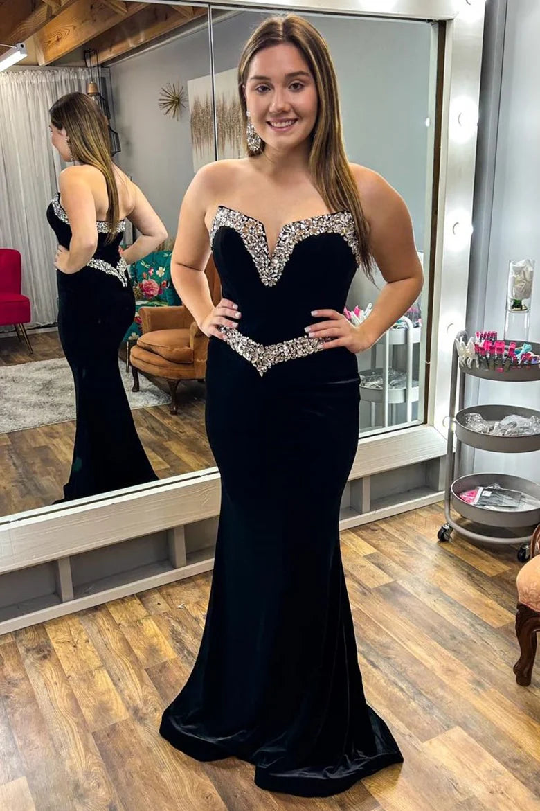 Black Strapless Rhinestone Mermaid Long Gown ﻿