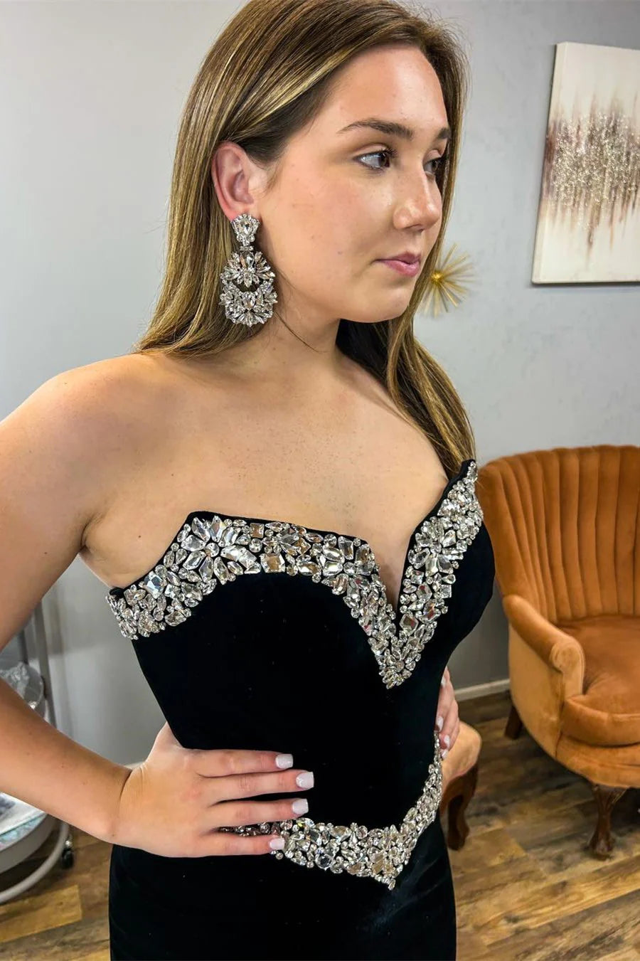 Black Strapless Rhinestone Mermaid Long Gown ﻿