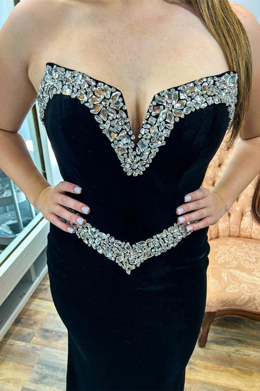 Black Strapless Rhinestone Mermaid Long Gown ﻿
