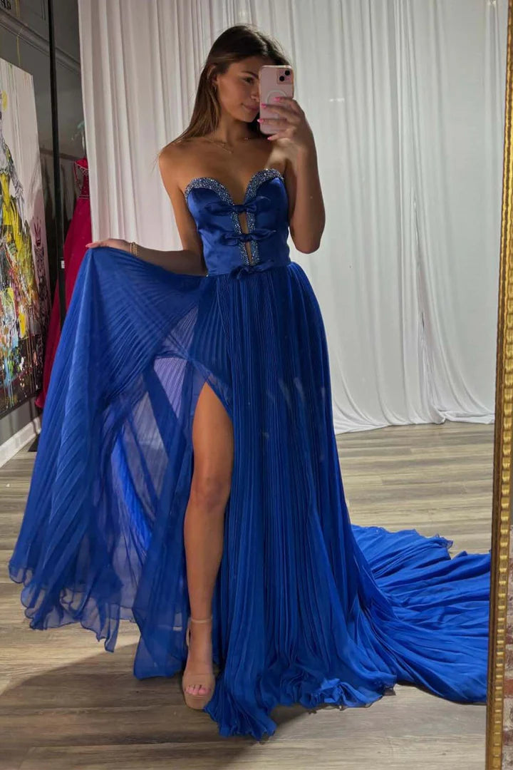 Strapless Bows Prom Gown with Slit ﻿