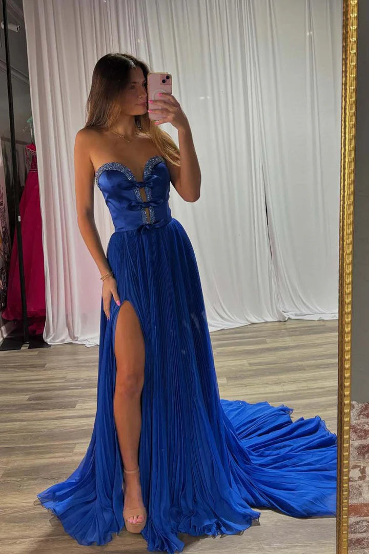 Strapless Bows Prom Gown with Slit ﻿