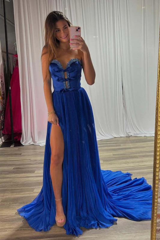 Strapless Bows Prom Gown with Slit ﻿