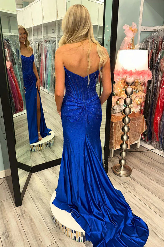 Strapless tight corset with beaded side slit long skirt