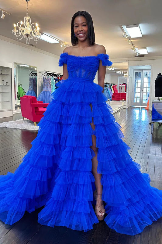 Square neck Royal Blue Ruffle Split Ball Dress