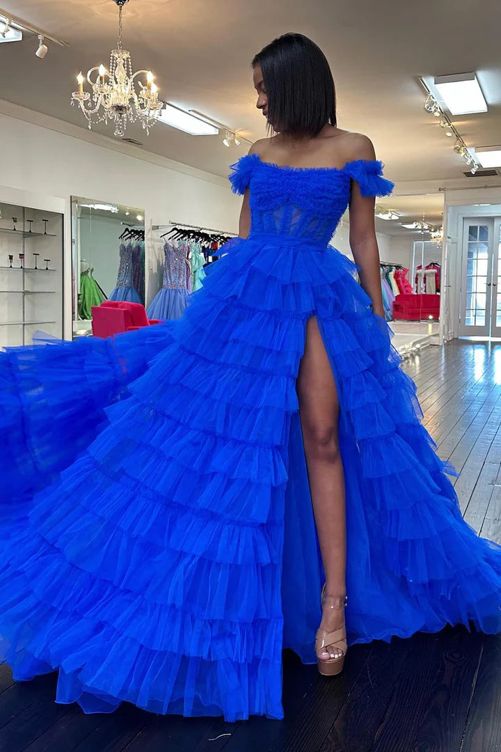 Square neck Royal Blue Ruffle Split Ball Dress