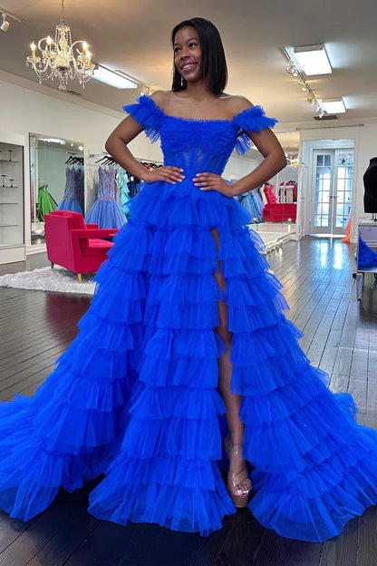 Square neck Royal Blue Ruffle Split Ball Dress