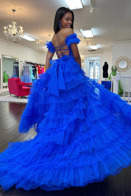Square neck Royal Blue Ruffle Split Ball Dress