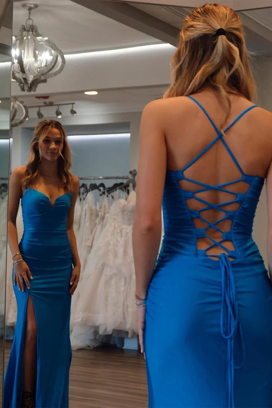 Royal Blue Strap Deep V-Edge Split Ball Dress