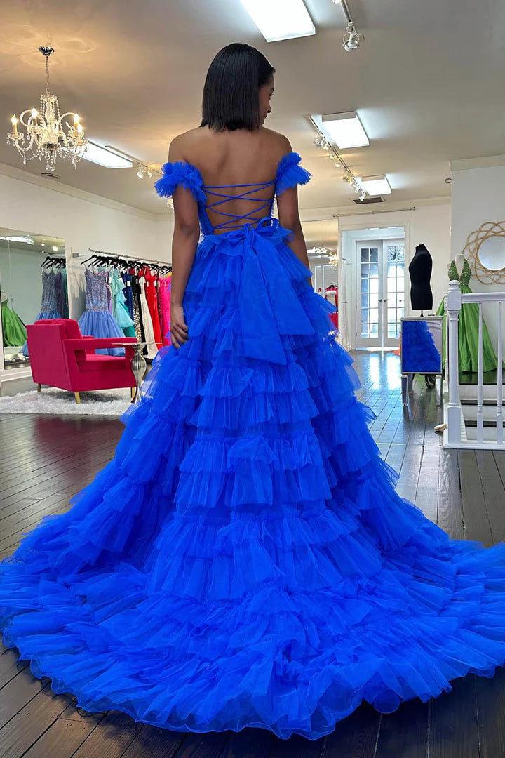 Square neck Royal Blue Ruffle Split Ball Dress