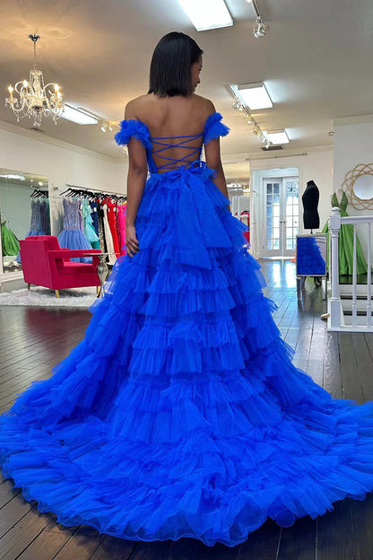 Square neck Royal Blue Ruffle Split Ball Dress