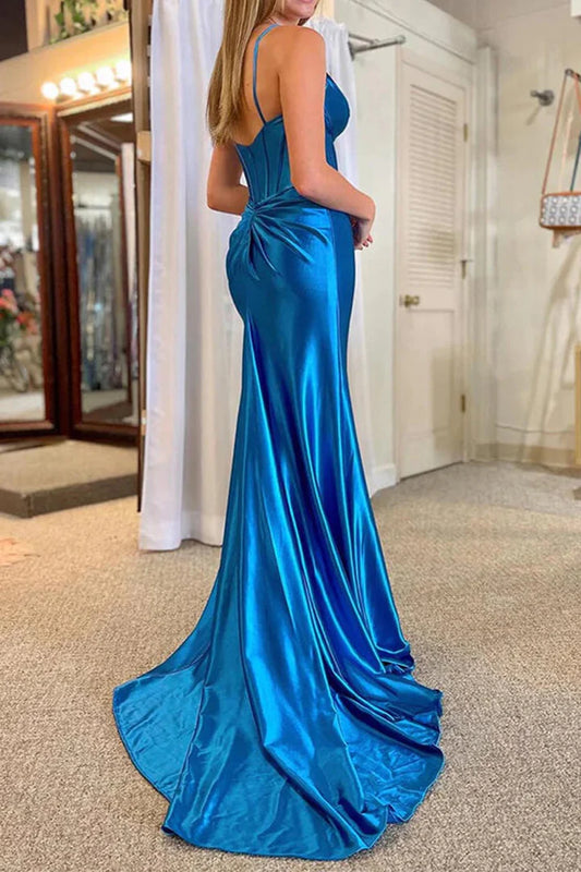 Blue deep V-thin suspender fishbone corset with irregular folds satin long skirt