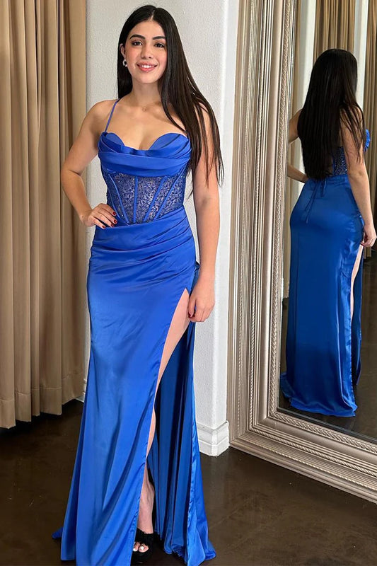 Thin suspender fishbone corset Royal blue high waisted slit ball gown